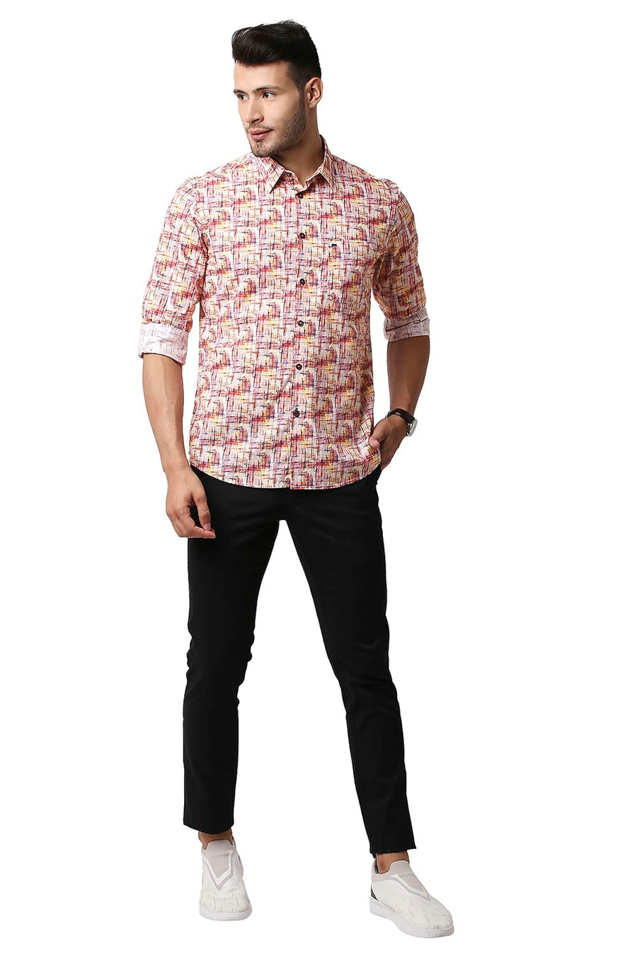 BASICS SLIM FIT AMBER ORANGE DIGITAL POPLIN PRINTED SHIRT