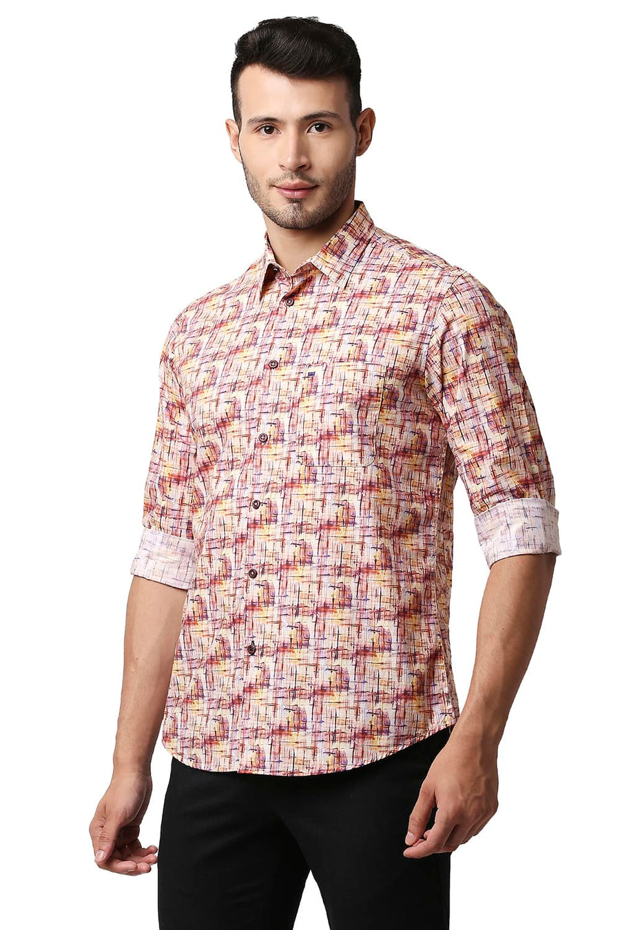 BASICS SLIM FIT AMBER ORANGE DIGITAL POPLIN PRINTED SHIRT