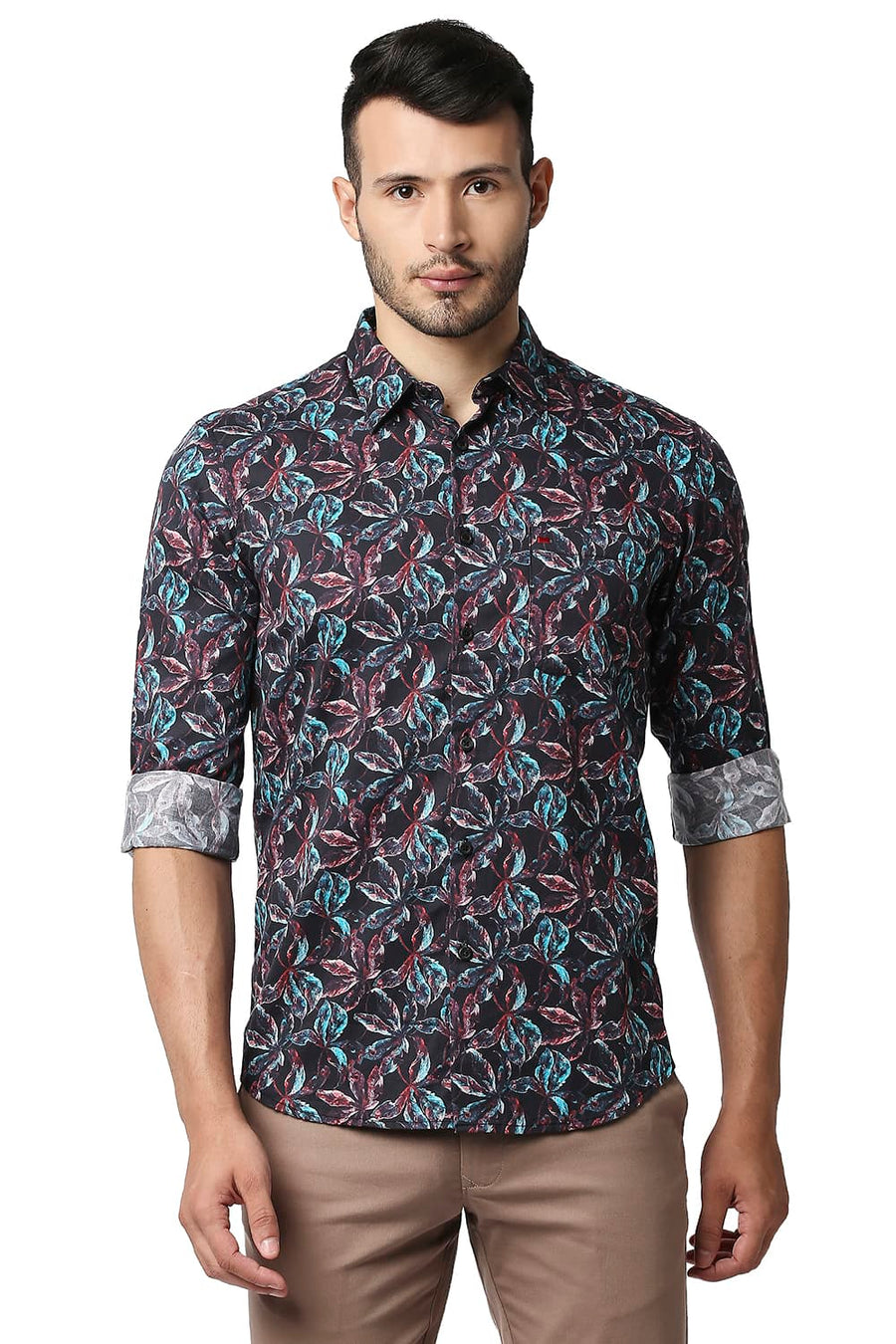 BASICS SLIM FIT CRANBERRY RED DIGITAL SATIN PRINTED SHIRT