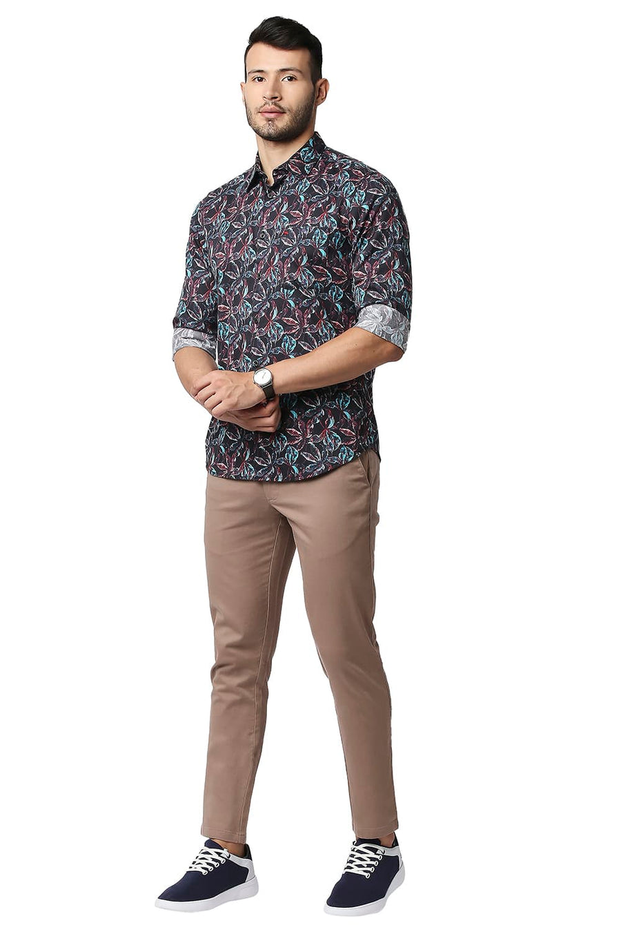 BASICS SLIM FIT CRANBERRY RED DIGITAL SATIN PRINTED SHIRT