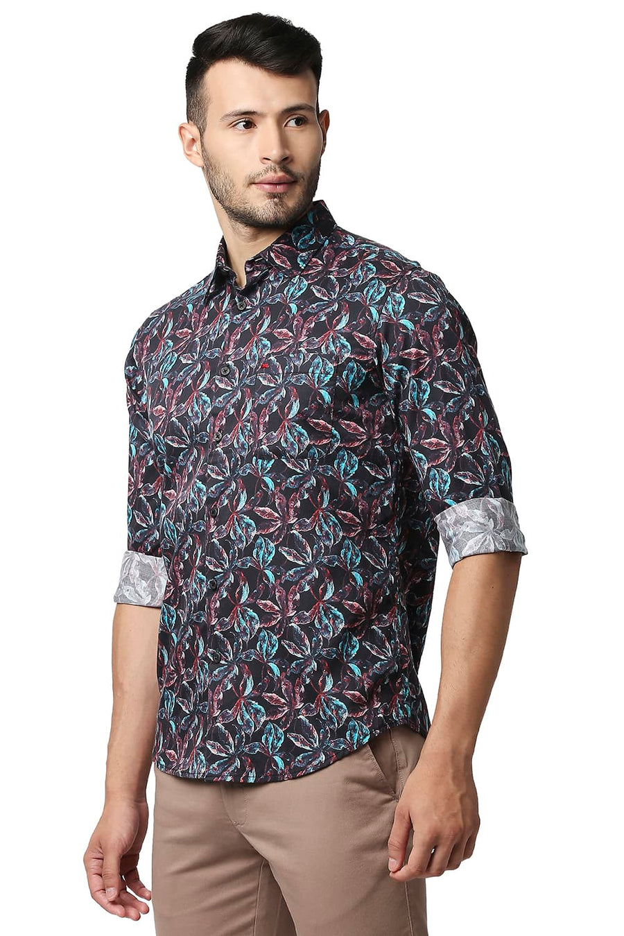BASICS SLIM FIT CRANBERRY RED DIGITAL SATIN PRINTED SHIRT