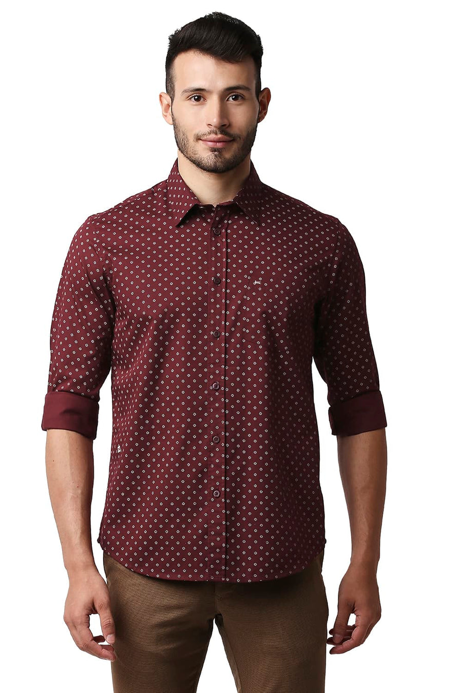 BASICS SLIM FIT OXFORD MAROON TWILL PRINTED SHIRT