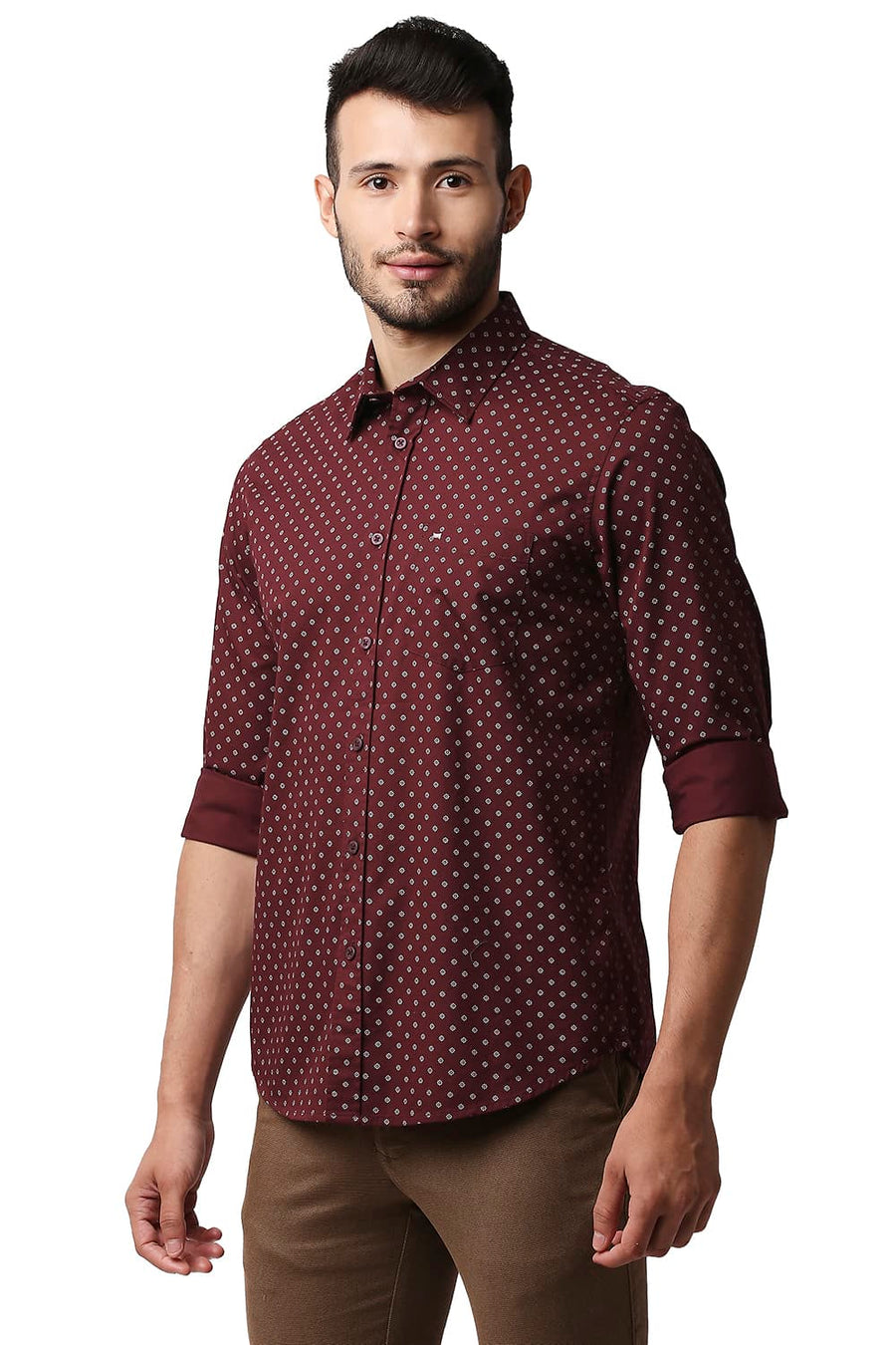BASICS SLIM FIT OXFORD MAROON TWILL PRINTED SHIRT