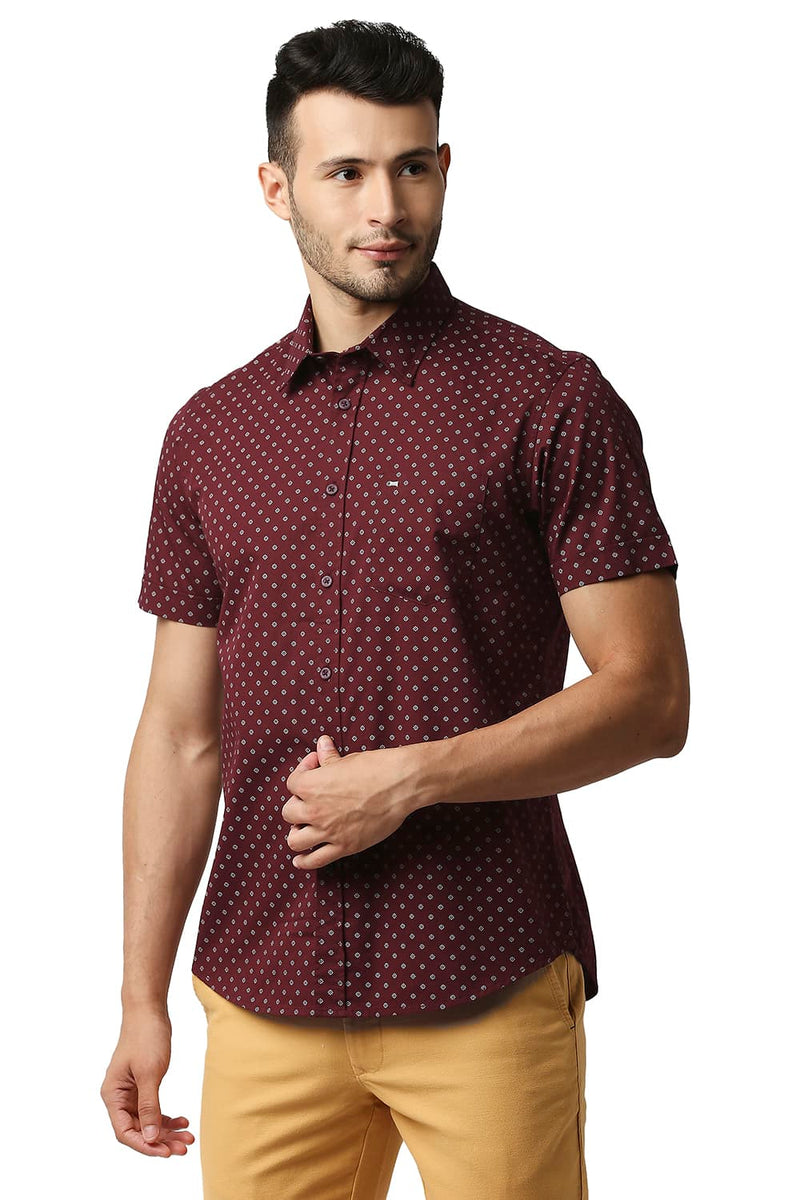 BASICS SLIM FIT TWILL PRINTED HALFSLEEVES SHIRT