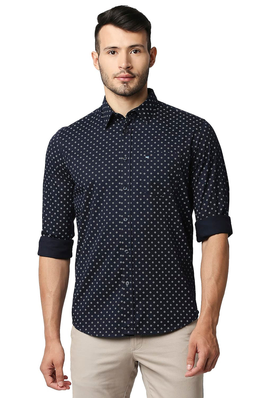 BASICS SLIM FIT NAVY BERRY TWILL PRINTED SHIRT