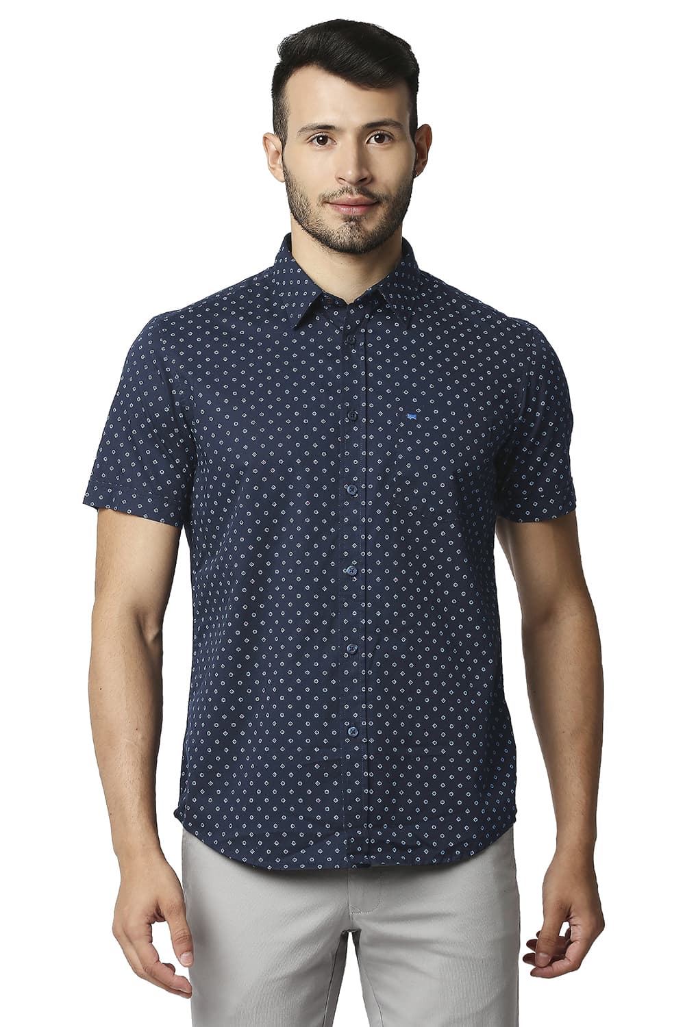 BASICS SLIM FIT TWILL PRINTED HALFSLEEVES SHIRT