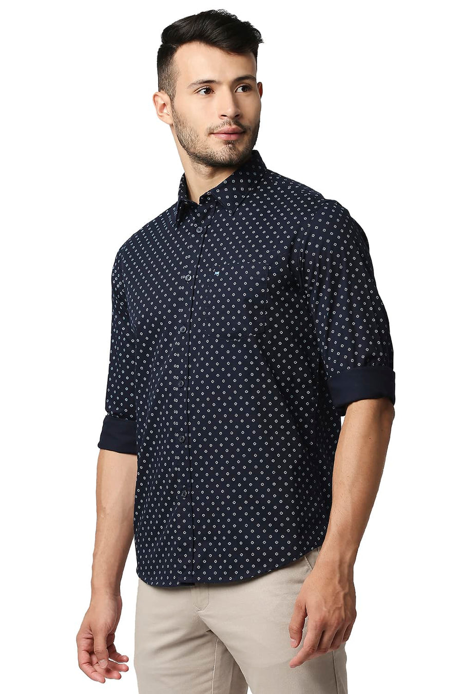 BASICS SLIM FIT NAVY BERRY TWILL PRINTED SHIRT