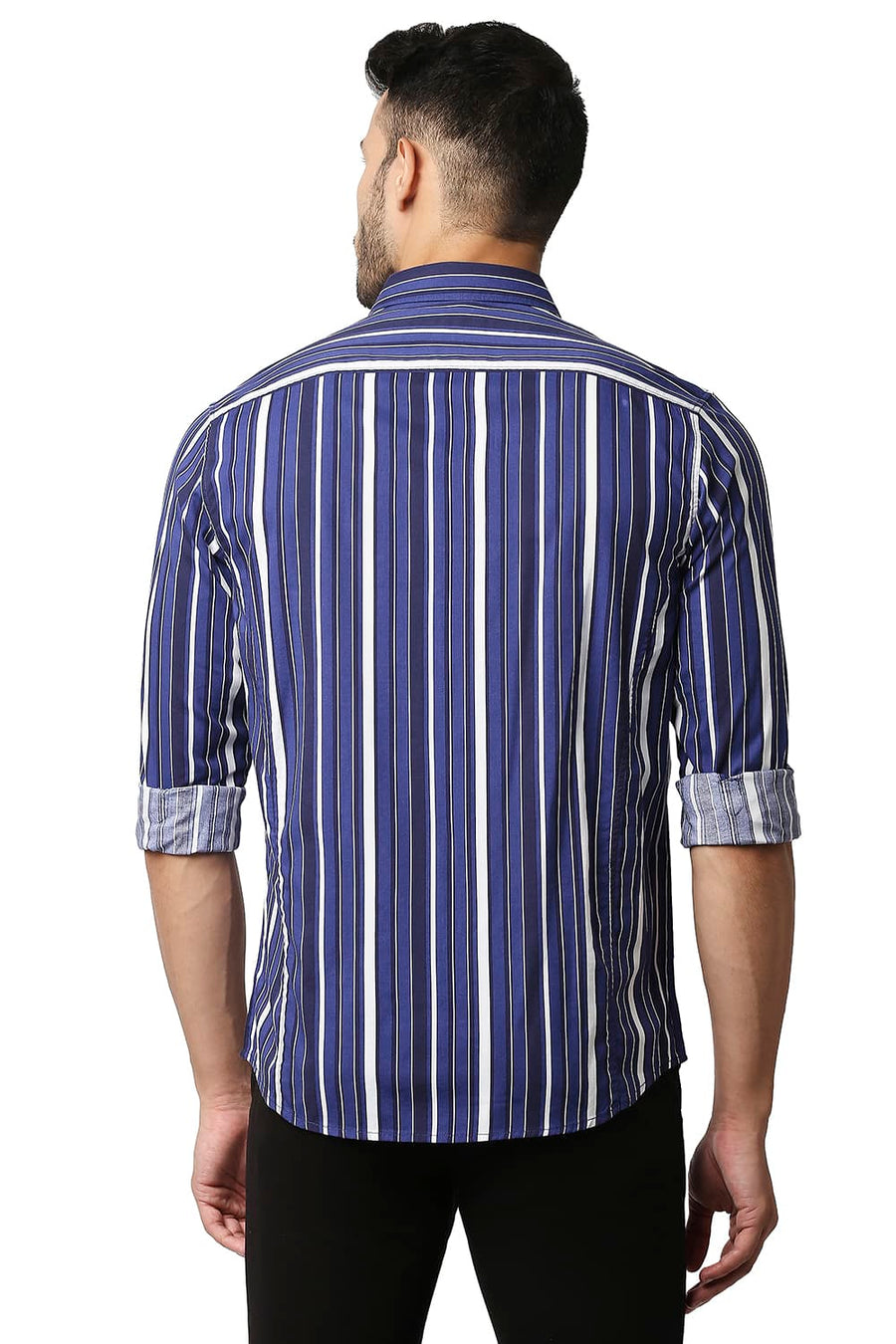 BASICS SLIM FIT LIMOGES BLUE COTTON VISCOSE PRINTED STRIPE SHIRT