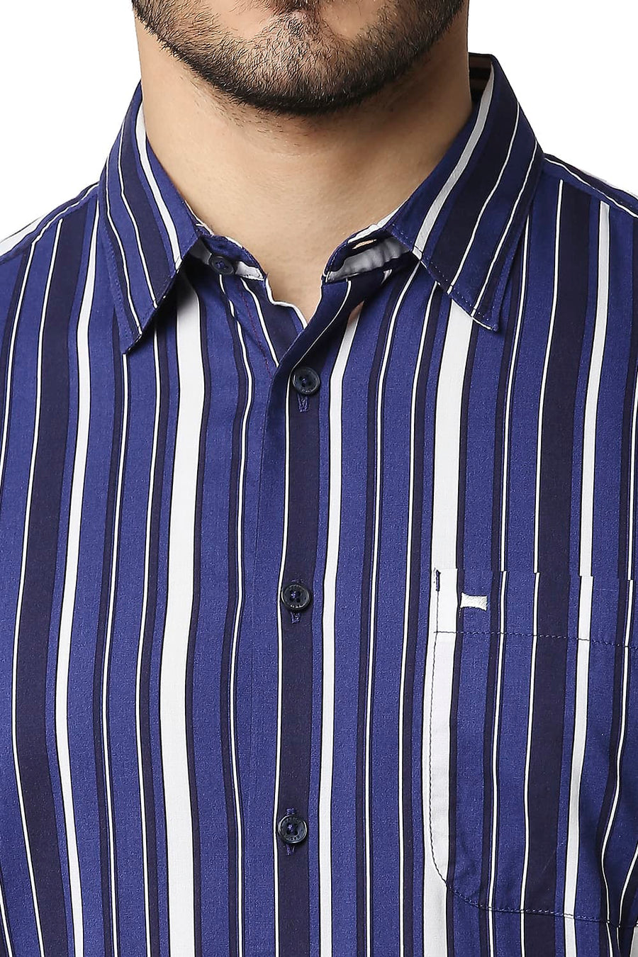 BASICS SLIM FIT LIMOGES BLUE COTTON VISCOSE PRINTED STRIPE SHIRT