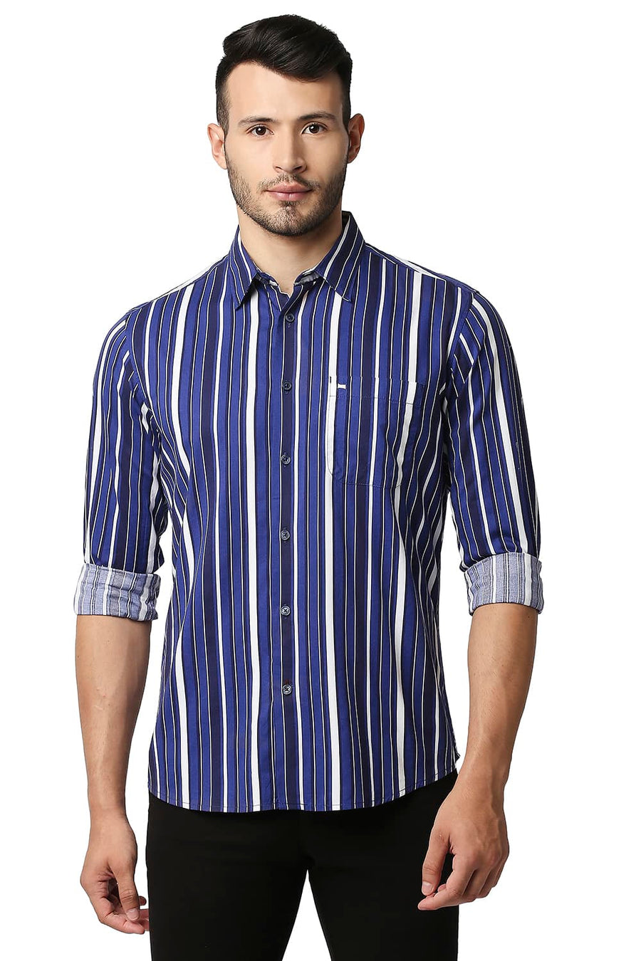 BASICS SLIM FIT LIMOGES BLUE COTTON VISCOSE PRINTED STRIPE SHIRT