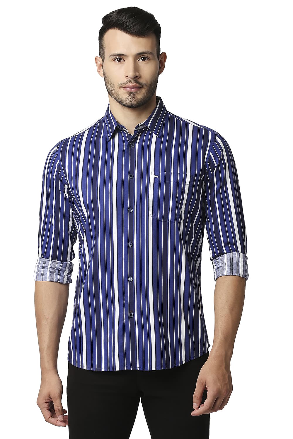 BASICS SLIM FIT COTTON VISCOSE PRINTED STRIPE SHIRT