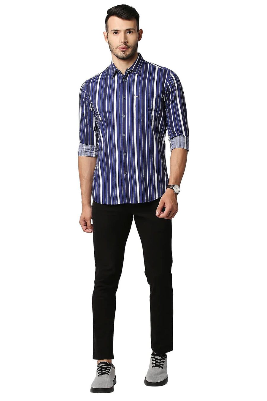 BASICS SLIM FIT LIMOGES BLUE COTTON VISCOSE PRINTED STRIPE SHIRT