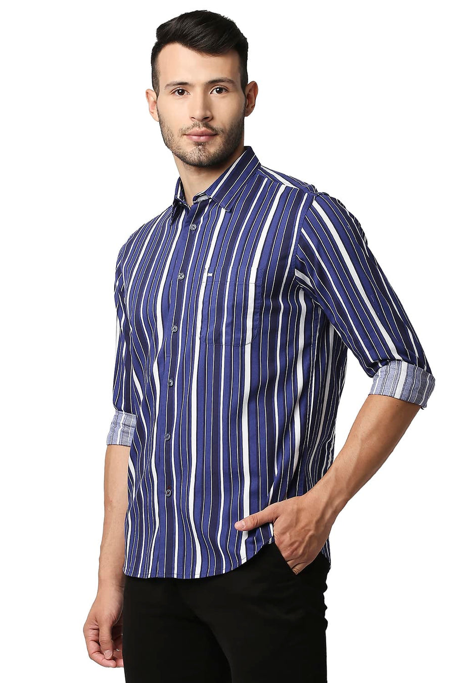 BASICS SLIM FIT LIMOGES BLUE COTTON VISCOSE PRINTED STRIPE SHIRT
