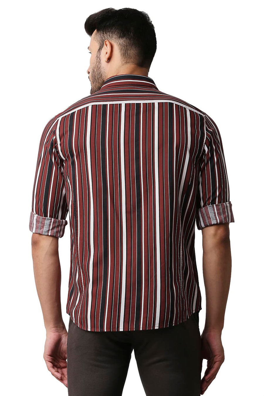 BASICS SLIM FIT RED OCHRE COTTON VISCOSE PRINTED STRIPE SHIRT