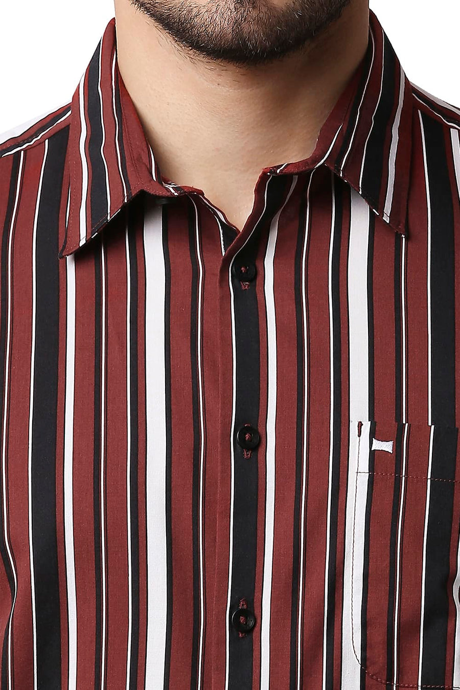 BASICS SLIM FIT RED OCHRE COTTON VISCOSE PRINTED STRIPE SHIRT