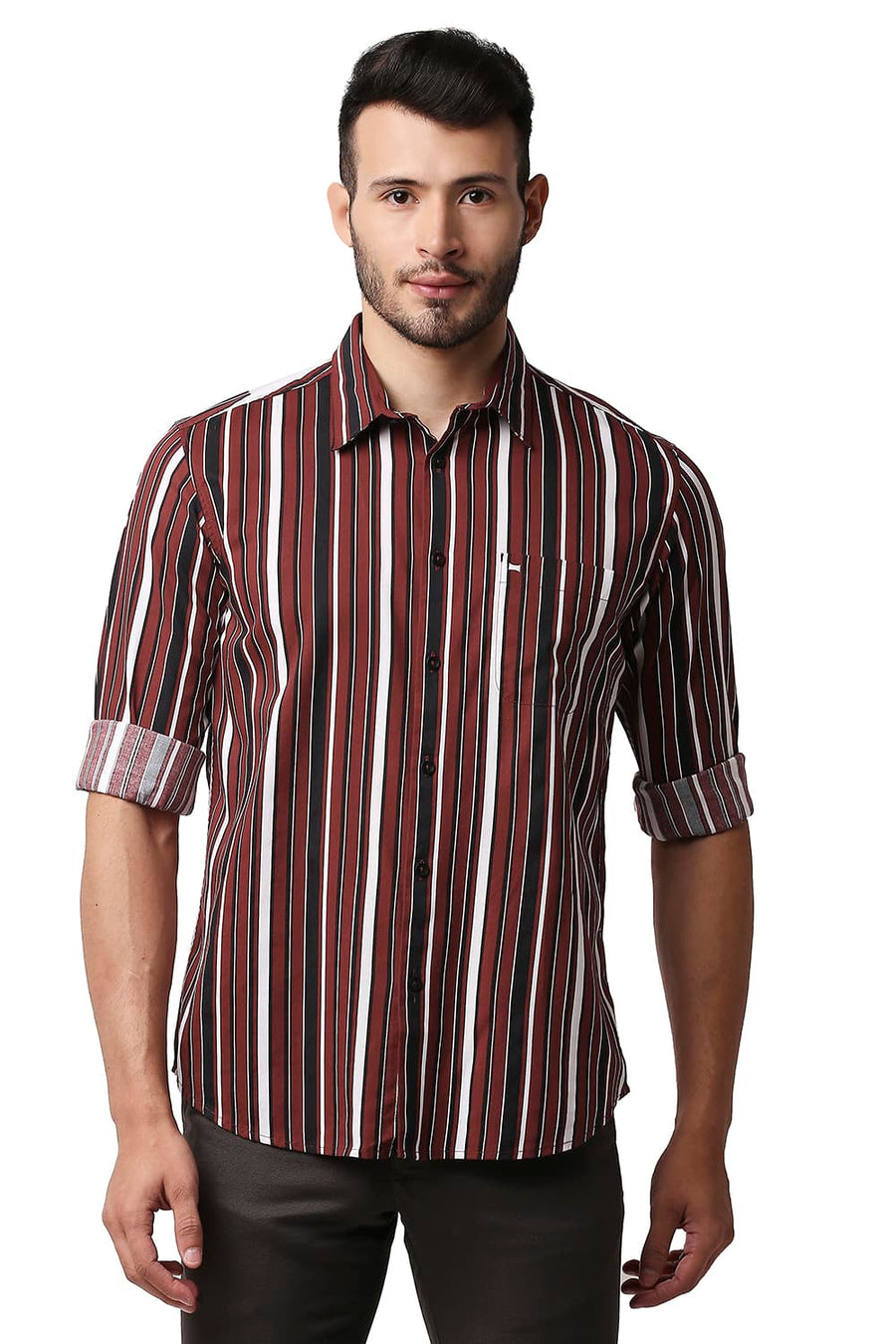 BASICS SLIM FIT RED OCHRE COTTON VISCOSE PRINTED STRIPE SHIRT