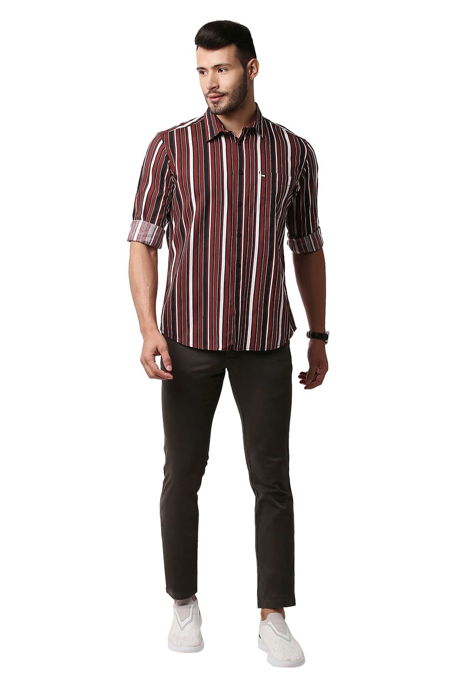 BASICS SLIM FIT RED OCHRE COTTON VISCOSE PRINTED STRIPE SHIRT