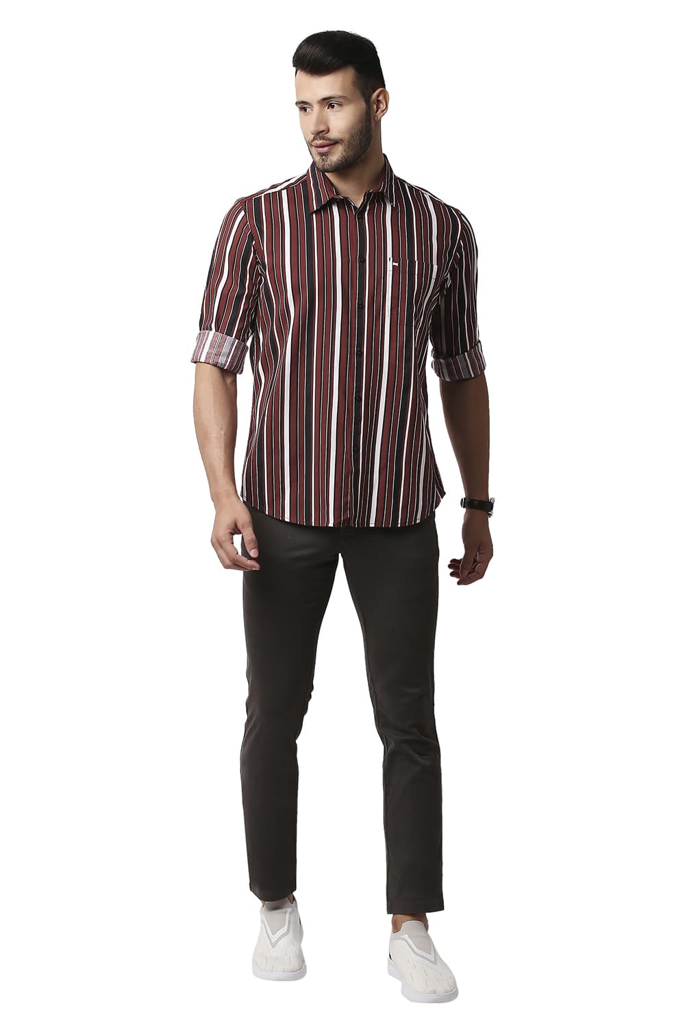 BASICS SLIM FIT COTTON VISCOSE PRINTED STRIPE SHIRT