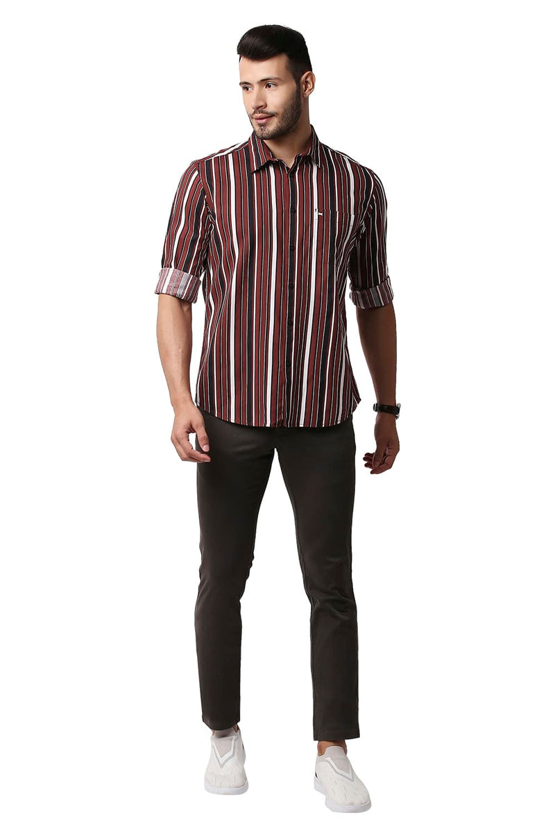 BASICS SLIM FIT COTTON VISCOSE PRINTED STRIPE SHIRT