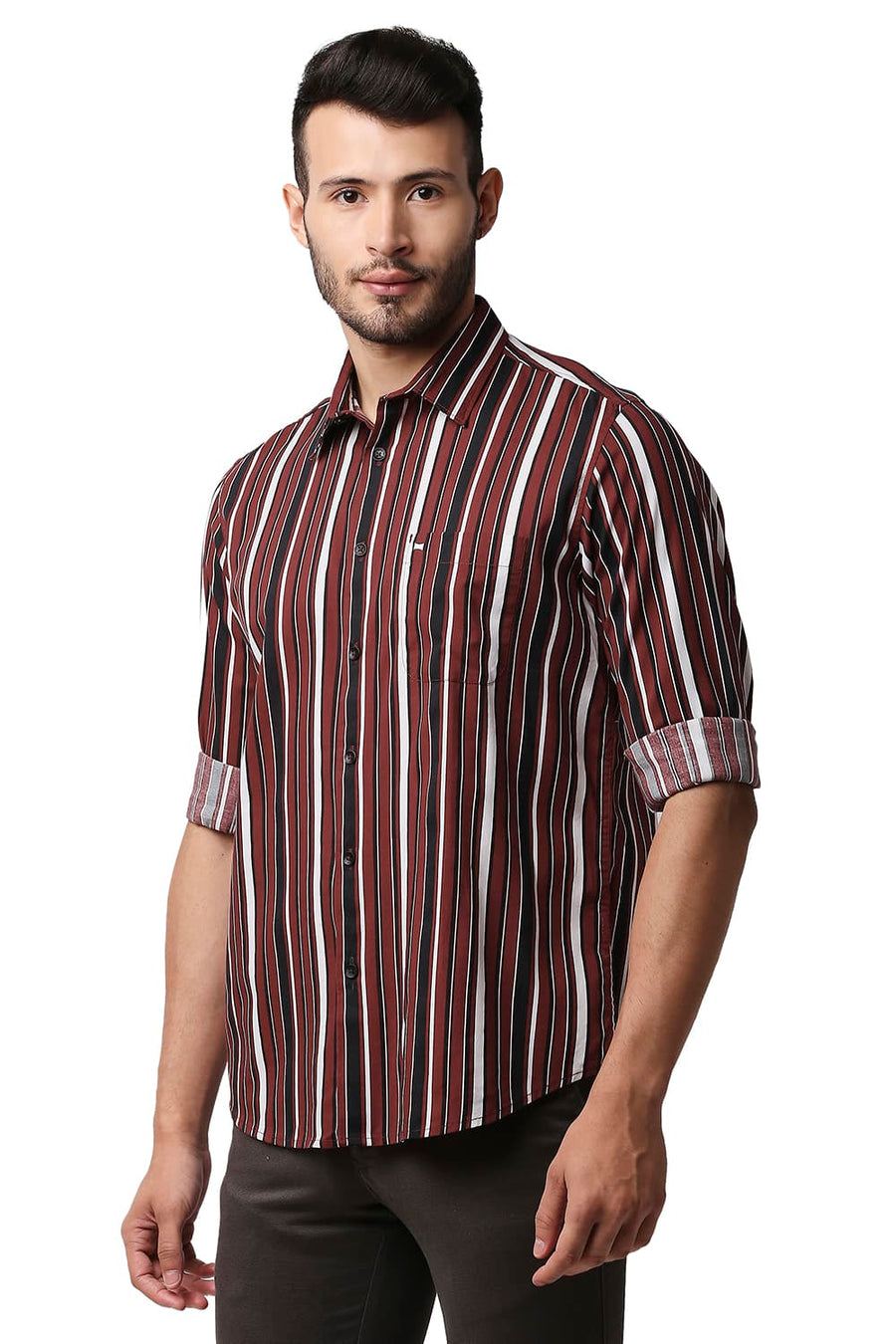 BASICS SLIM FIT RED OCHRE COTTON VISCOSE PRINTED STRIPE SHIRT