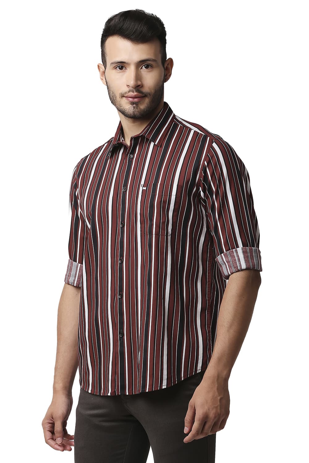 BASICS SLIM FIT COTTON VISCOSE PRINTED STRIPE SHIRT