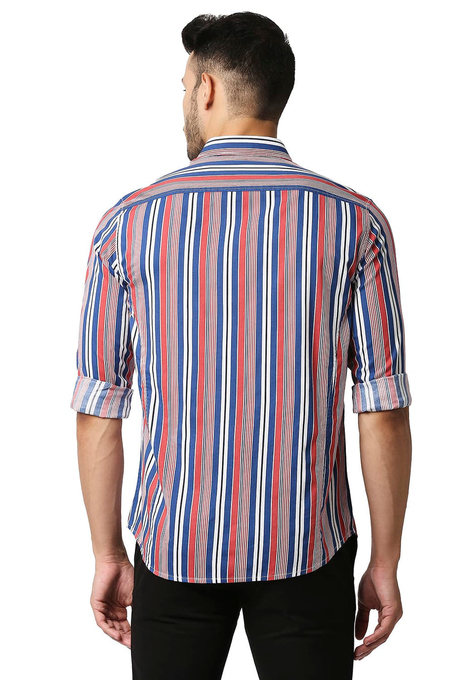 BASICS SLIM FIT ROCOCCO RED COTTON VISCOSE PRINTED STRIPE SHIRT