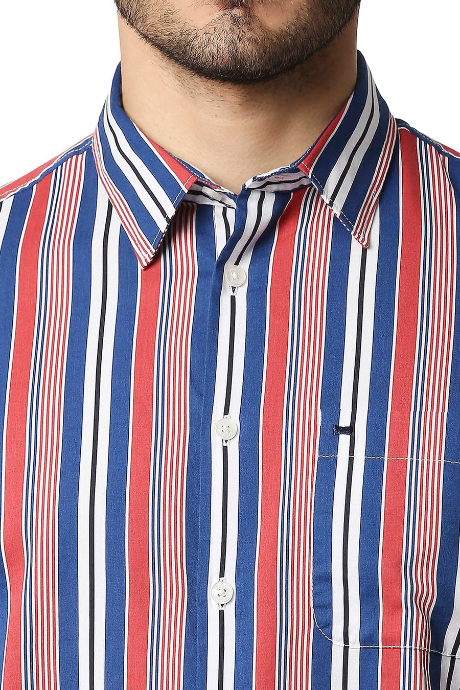 BASICS SLIM FIT ROCOCCO RED COTTON VISCOSE PRINTED STRIPE SHIRT