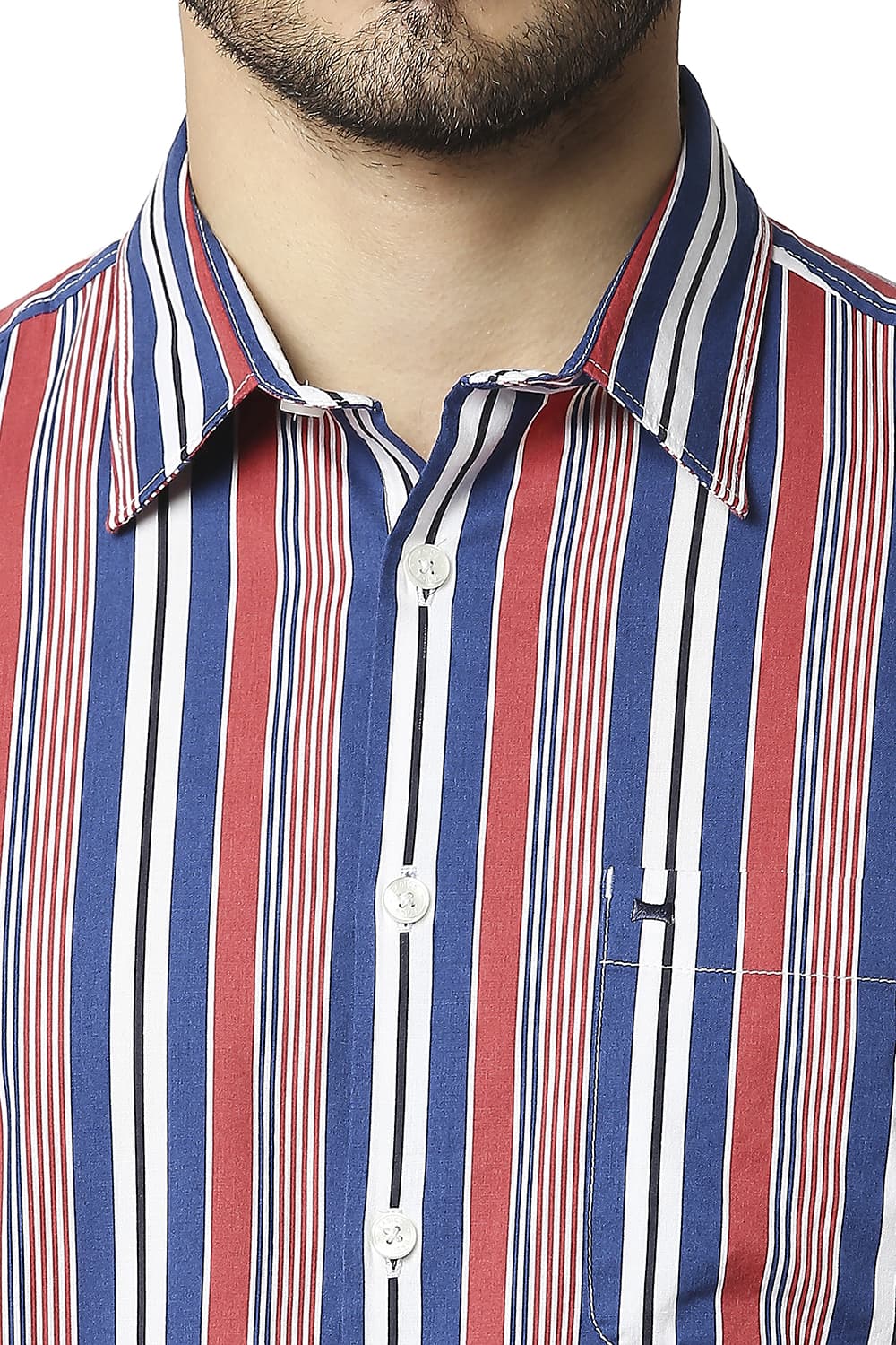 BASICS SLIM FIT COTTON VISCOSE PRINTED STRIPE HALFSLEEVES SHIRT