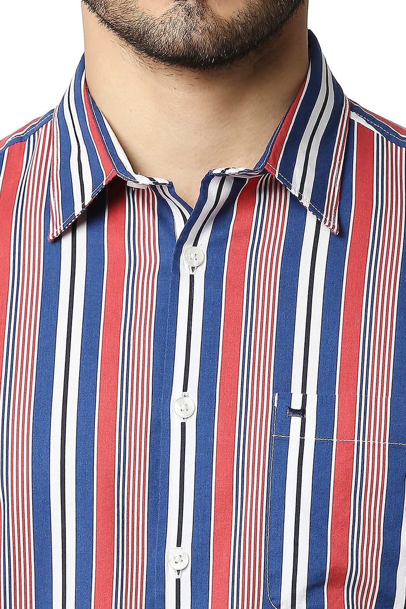 BASICS SLIM FIT COTTON VISCOSE PRINTED STRIPE HALFSLEEVES SHIRT