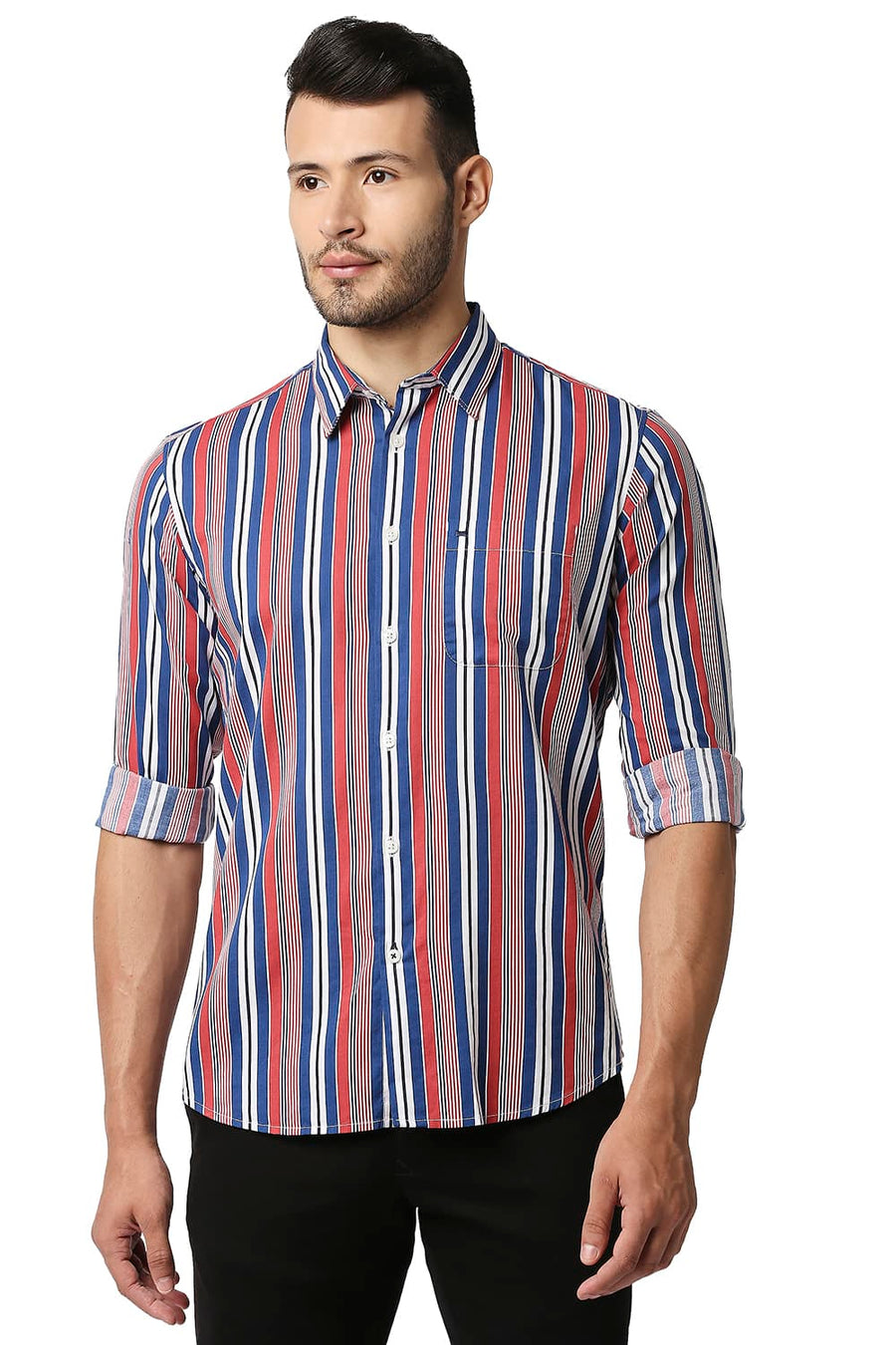 BASICS SLIM FIT ROCOCCO RED COTTON VISCOSE PRINTED STRIPE SHIRT