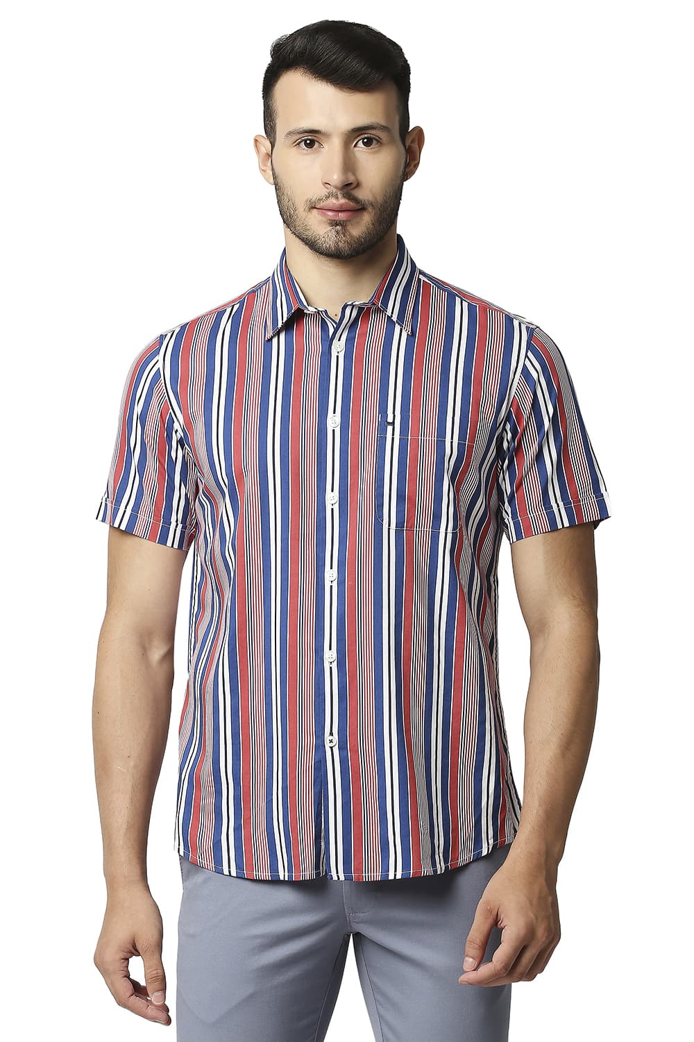 BASICS SLIM FIT COTTON VISCOSE PRINTED STRIPE SHIRT