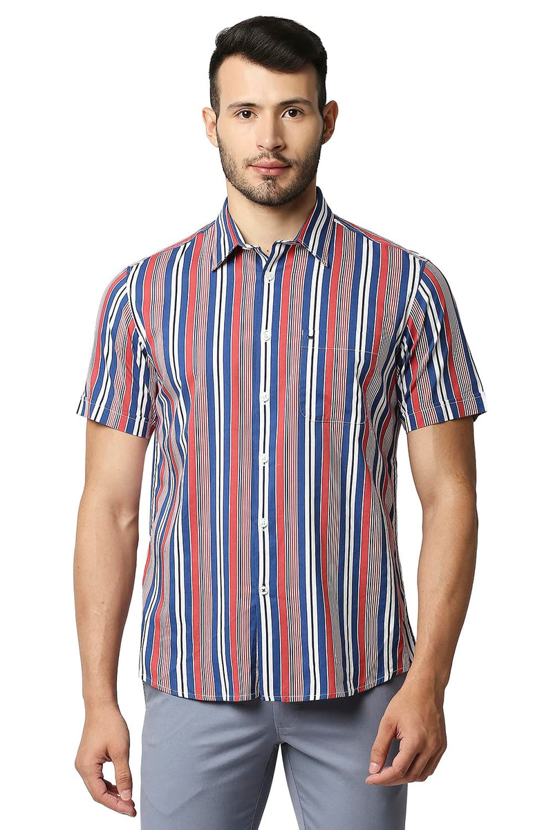 BASICS SLIM FIT COTTON VISCOSE PRINTED STRIPE SHIRT