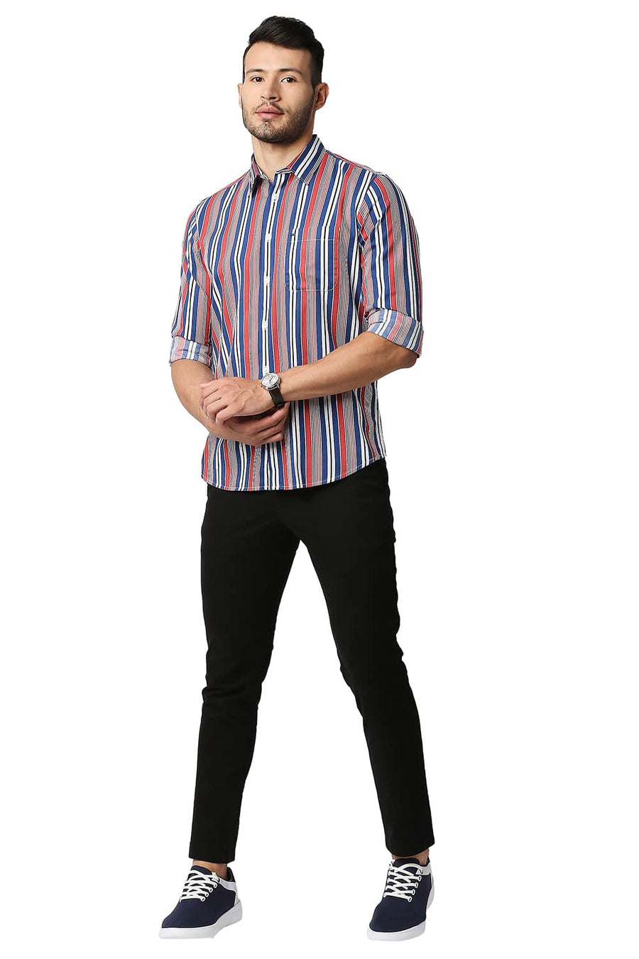 BASICS SLIM FIT ROCOCCO RED COTTON VISCOSE PRINTED STRIPE SHIRT