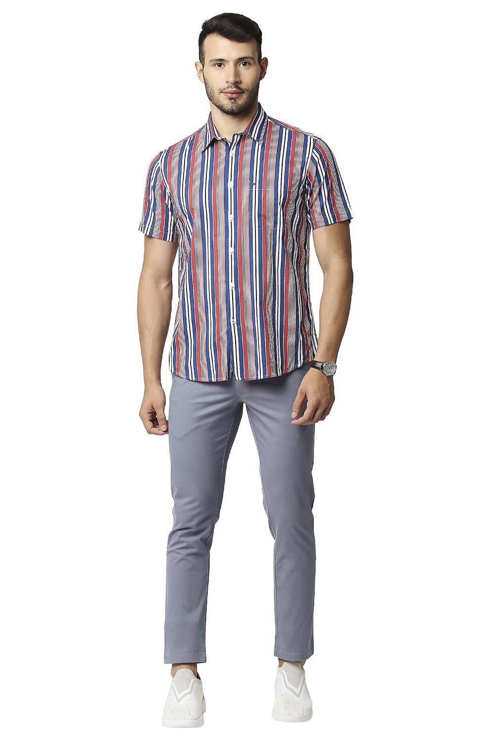 BASICS SLIM FIT COTTON VISCOSE PRINTED STRIPE HALFSLEEVES SHIRT