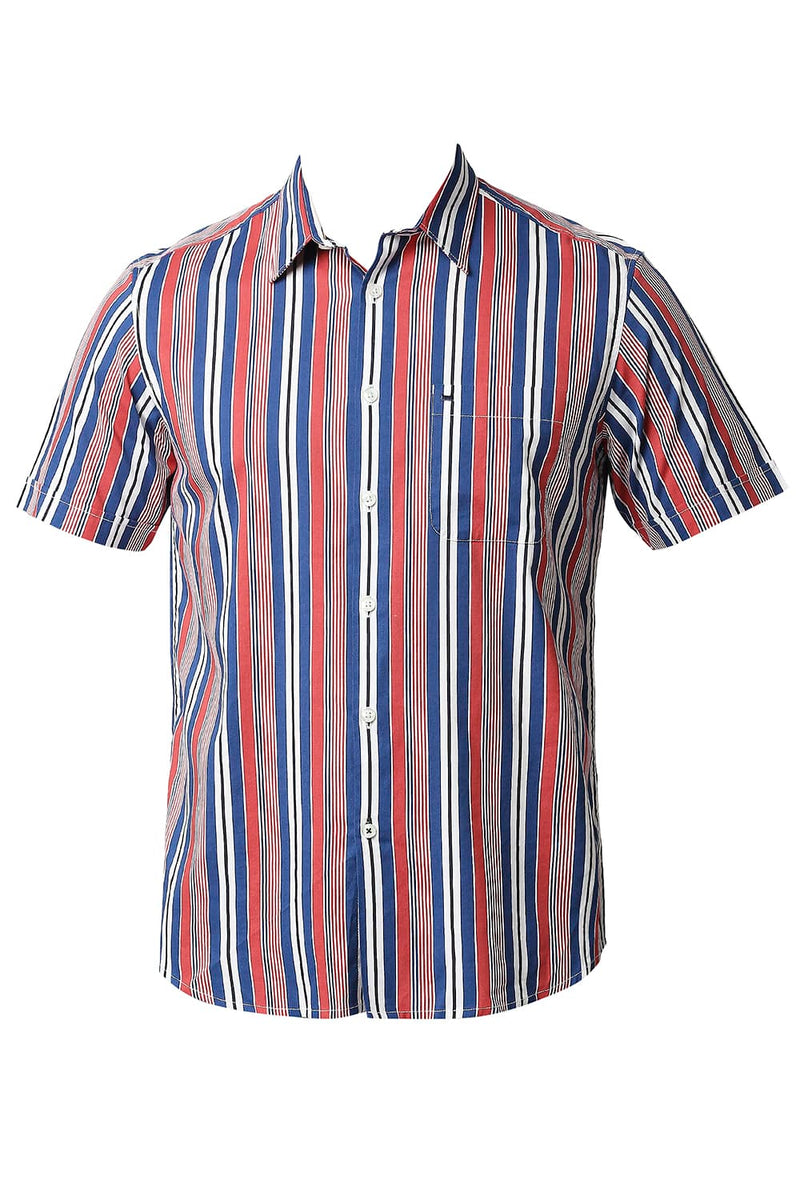 BASICS SLIM FIT COTTON VISCOSE PRINTED STRIPE HALFSLEEVES SHIRT