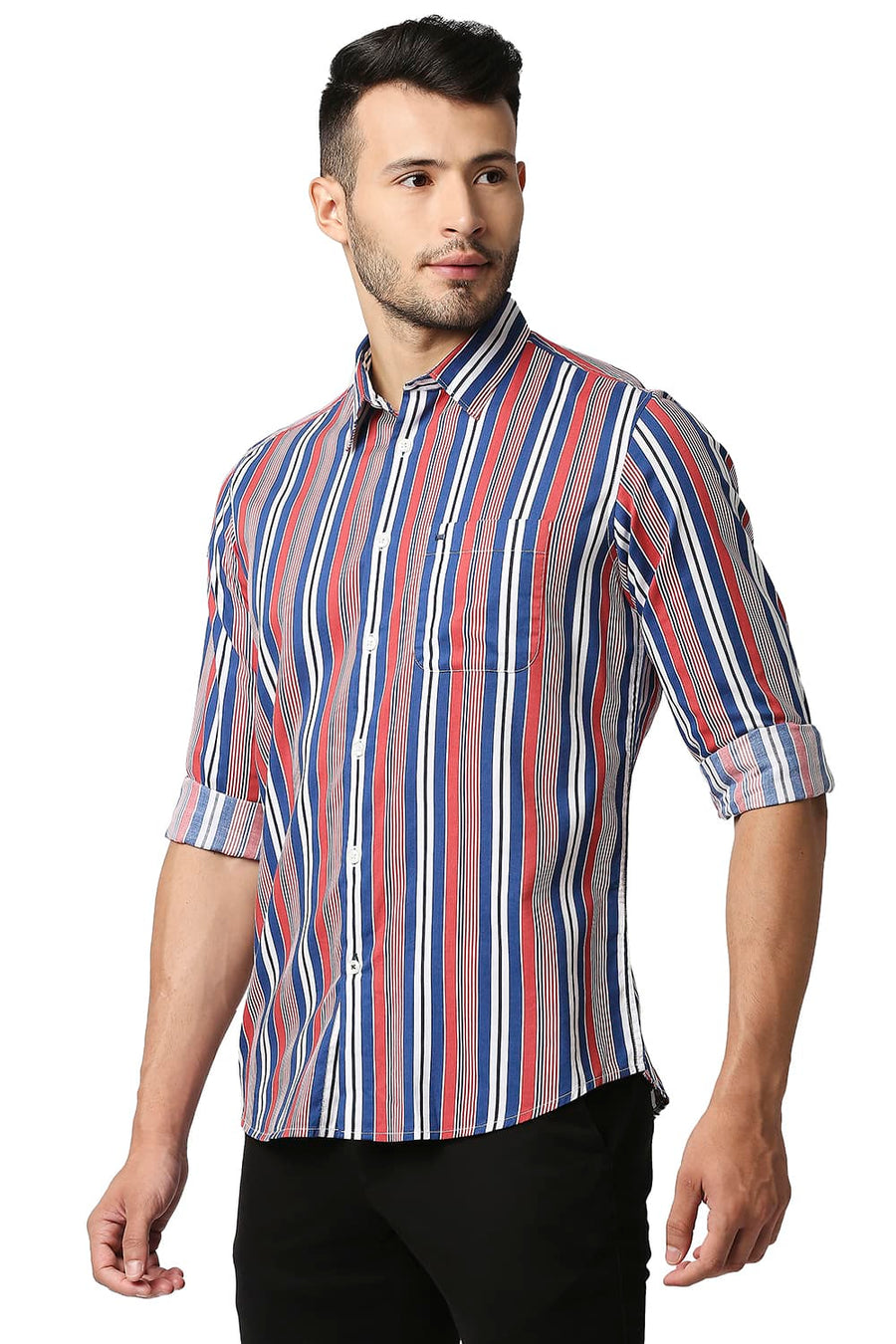 BASICS SLIM FIT ROCOCCO RED COTTON VISCOSE PRINTED STRIPE SHIRT