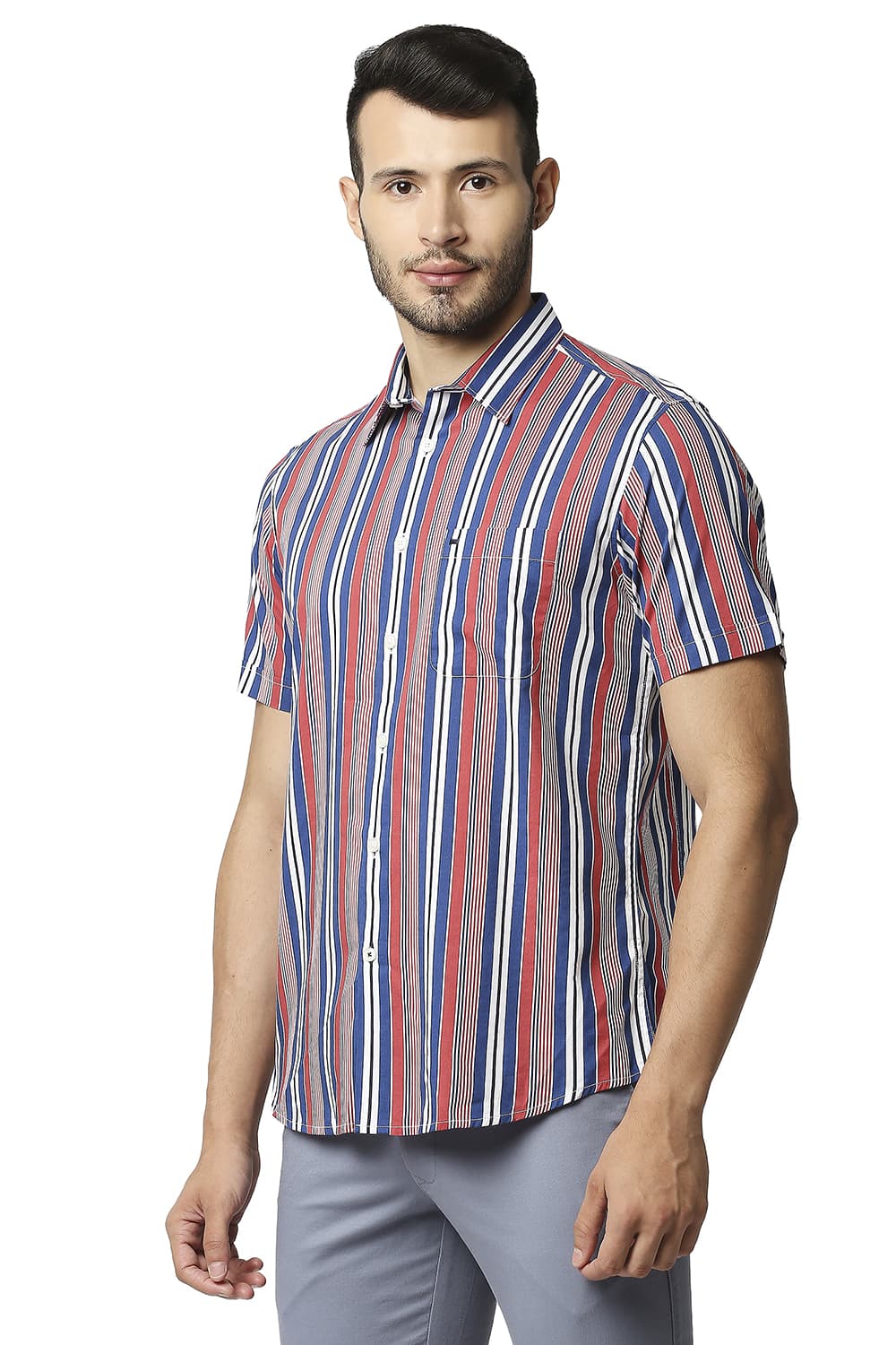 BASICS SLIM FIT COTTON VISCOSE PRINTED STRIPE HALFSLEEVES SHIRT