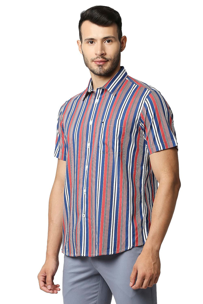 BASICS SLIM FIT COTTON VISCOSE PRINTED STRIPE HALFSLEEVES SHIRT