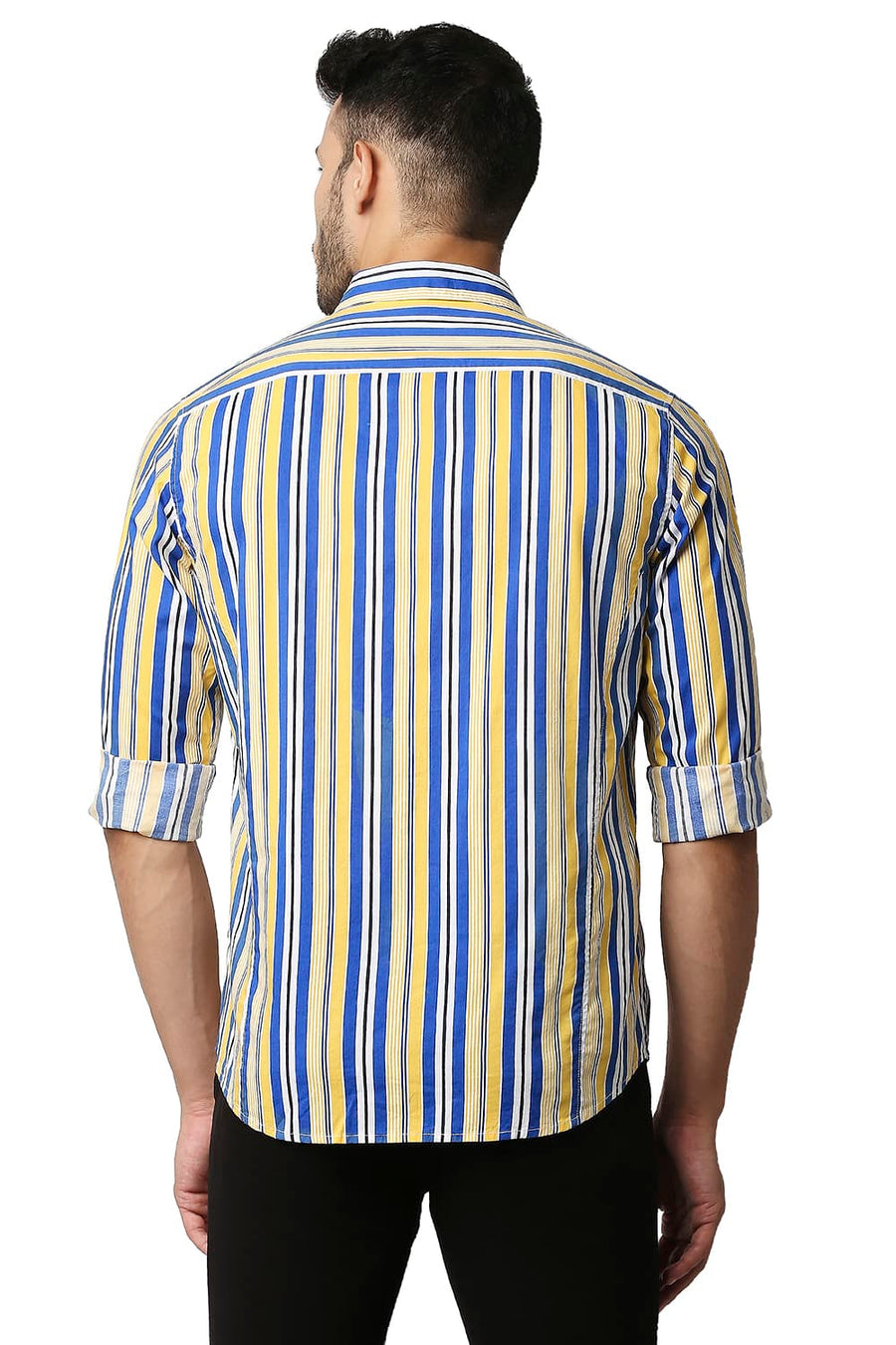 BASICS SLIM FIT DAFFODIL YELLOW COTTON VISCOSE PRINTED STRIPE SHIRT