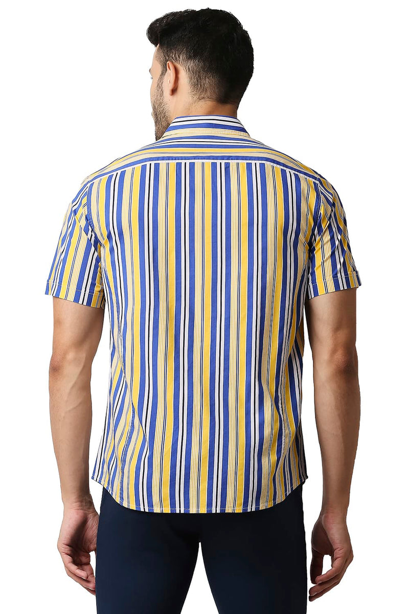 BASICS SLIM FIT COTTON VISCOSE PRINTED STRIPE HALFSLEEVES SHIRT