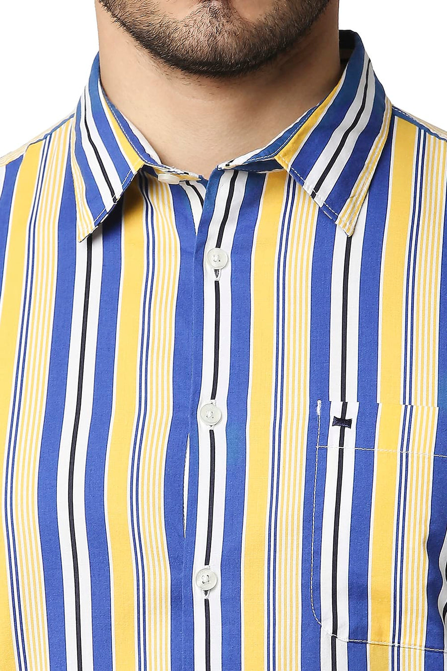 BASICS SLIM FIT DAFFODIL YELLOW COTTON VISCOSE PRINTED STRIPE SHIRT