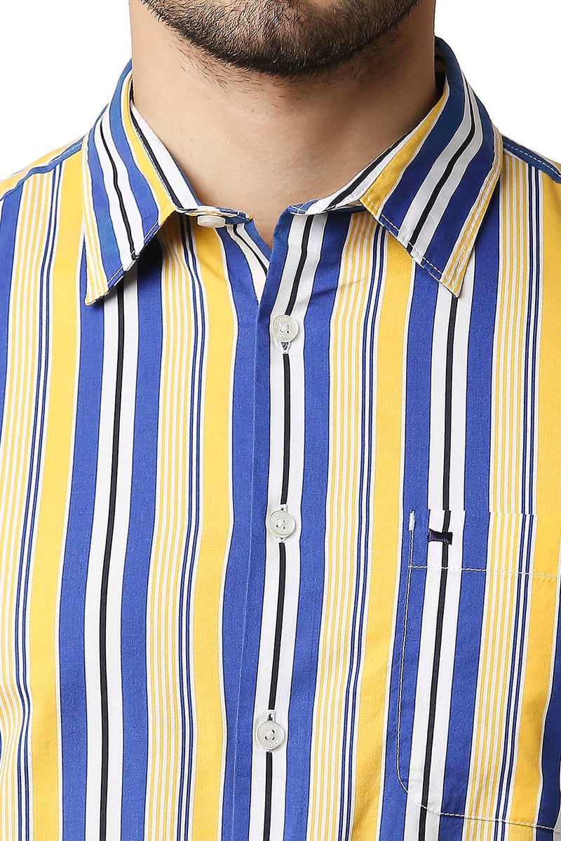 BASICS SLIM FIT COTTON VISCOSE PRINTED STRIPE HALFSLEEVES SHIRT