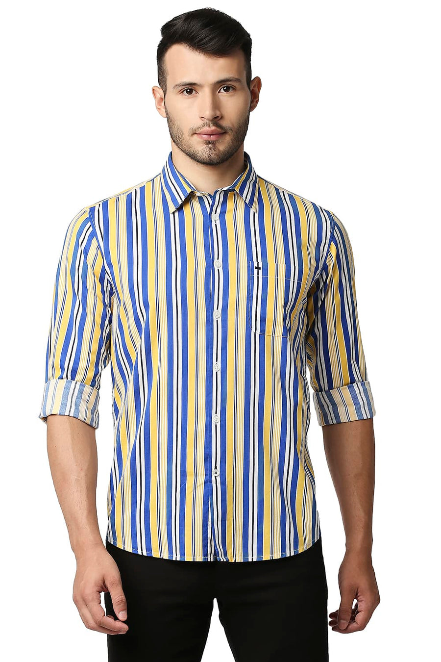 BASICS SLIM FIT DAFFODIL YELLOW COTTON VISCOSE PRINTED STRIPE SHIRT