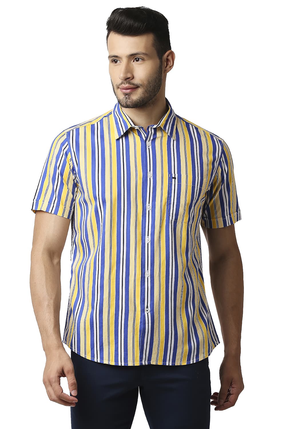 BASICS SLIM FIT COTTON VISCOSE PRINTED STRIPE HALFSLEEVES SHIRT