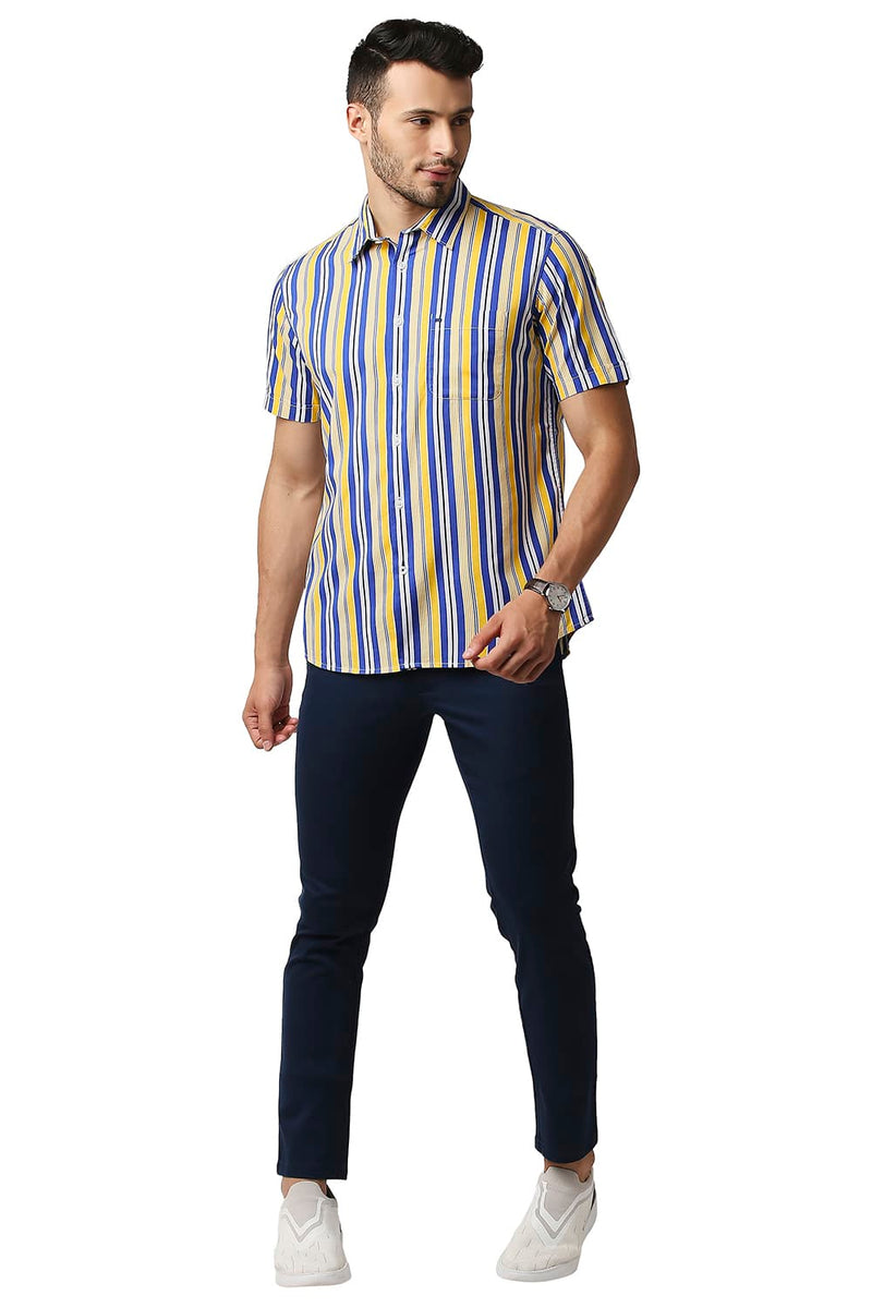 BASICS SLIM FIT COTTON VISCOSE PRINTED STRIPE HALFSLEEVES SHIRT