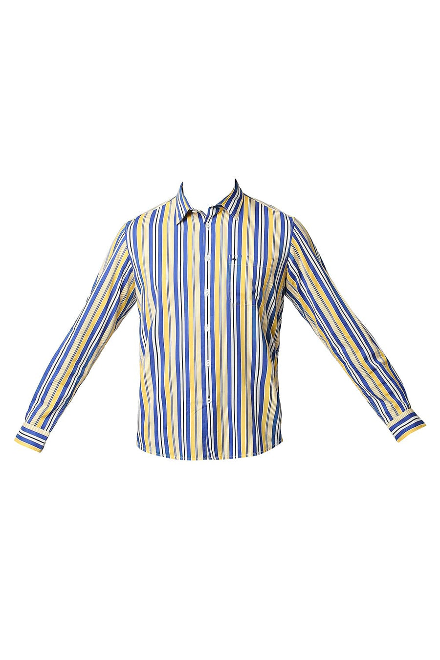 BASICS SLIM FIT DAFFODIL YELLOW COTTON VISCOSE PRINTED STRIPE SHIRT