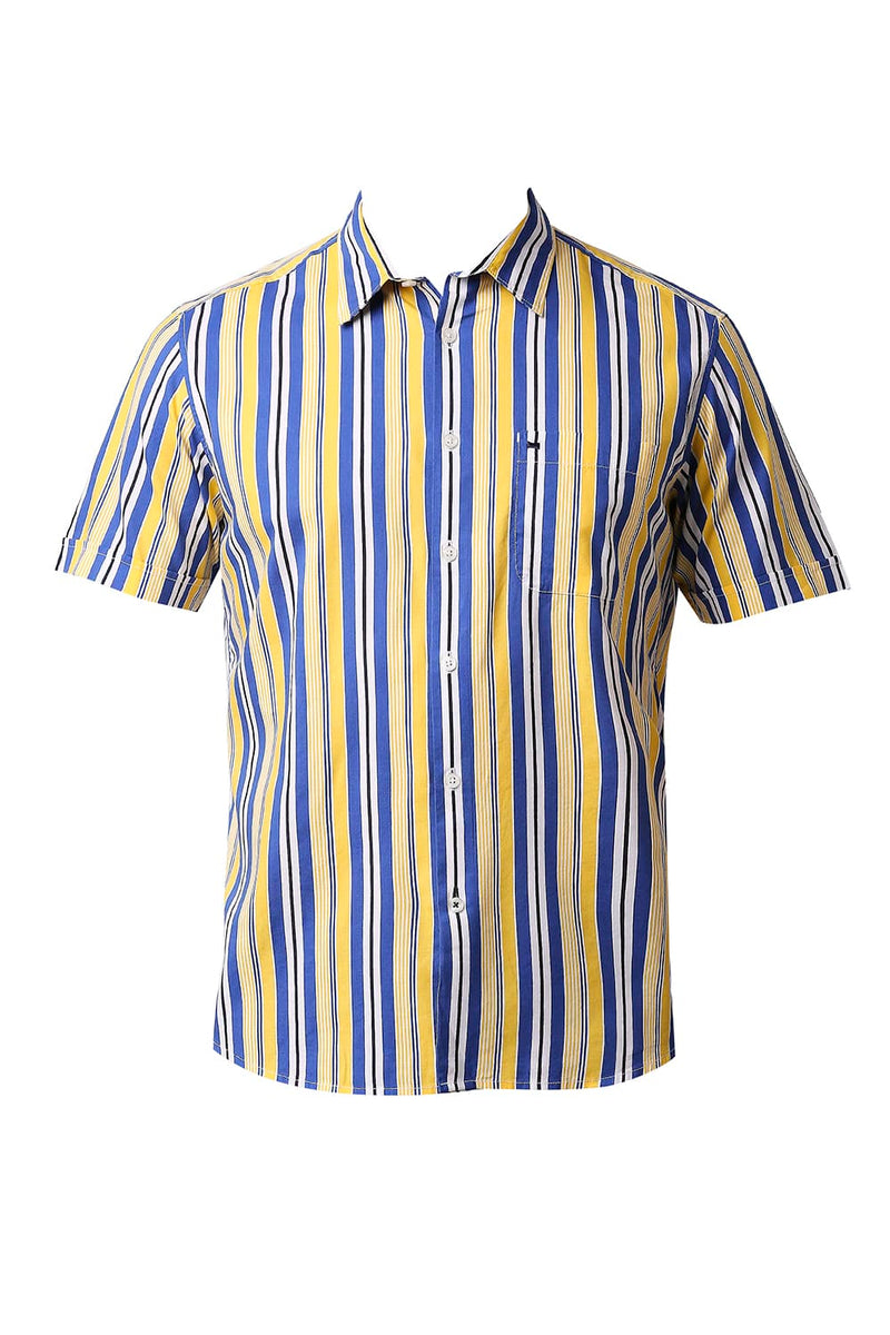 BASICS SLIM FIT COTTON VISCOSE PRINTED STRIPE HALFSLEEVES SHIRT