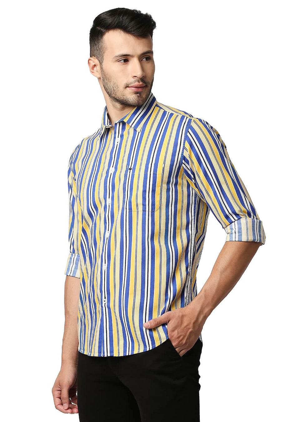 BASICS SLIM FIT DAFFODIL YELLOW COTTON VISCOSE PRINTED STRIPE SHIRT
