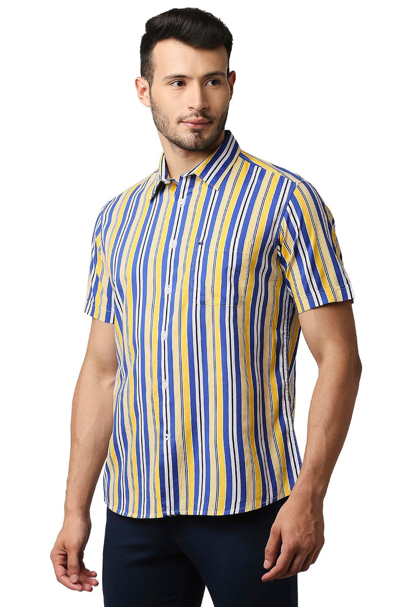 BASICS SLIM FIT COTTON VISCOSE PRINTED STRIPE HALFSLEEVES SHIRT