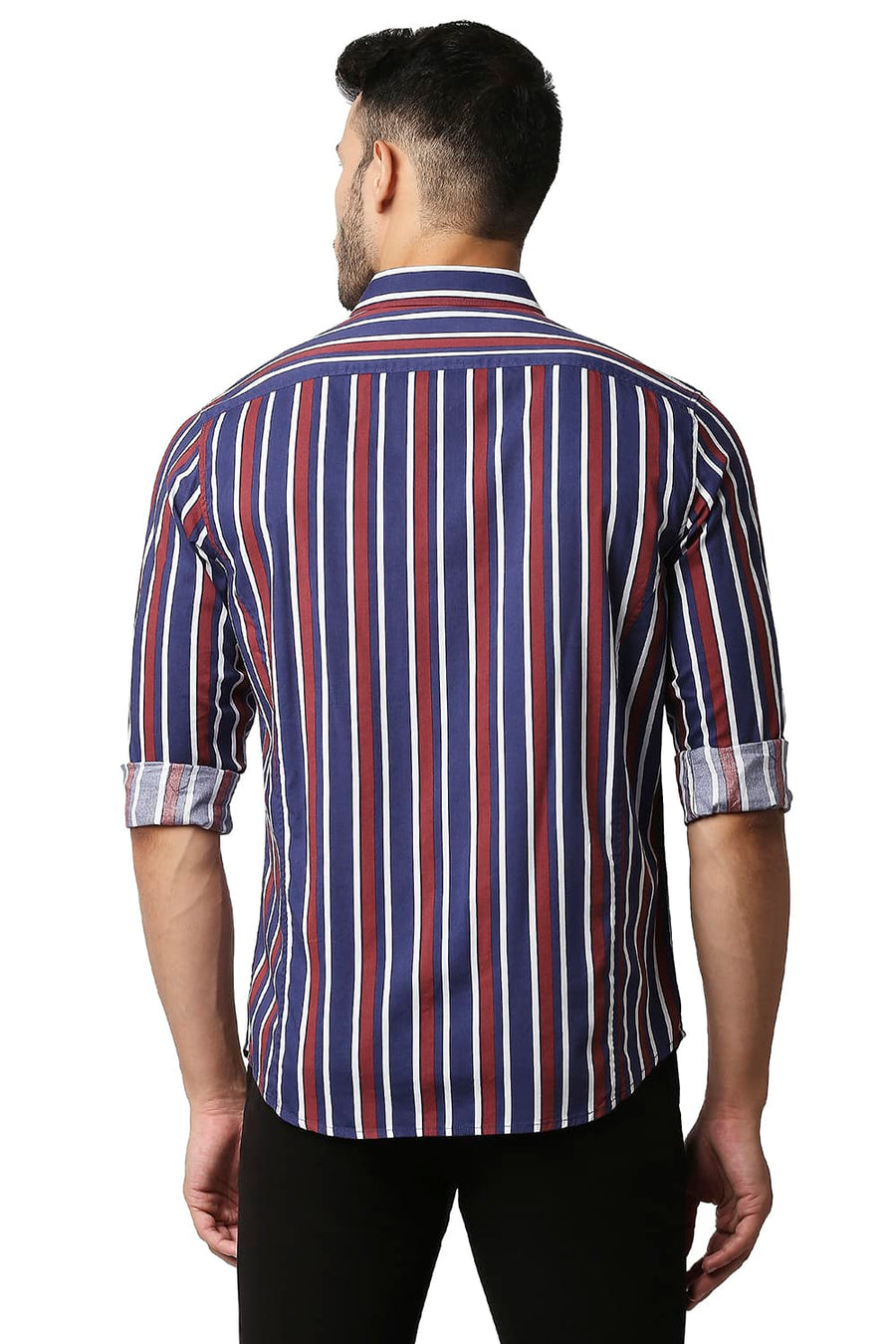 BASICS SLIM FIT BIKING RED COTTON VISCOSE PRINTED STRIPE SHIRT